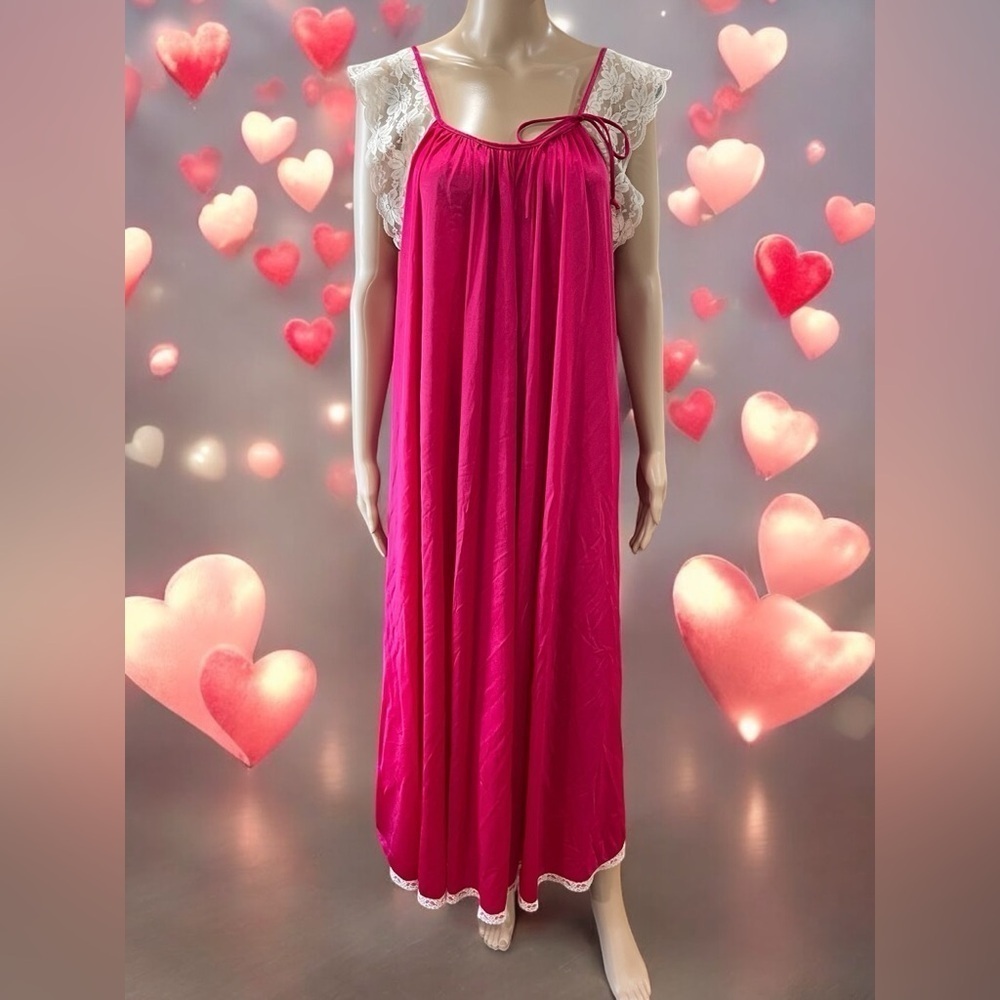 Glamorous fuchsia Nightgown nightie Jill Andrea Sexy Lace Long-Large USA made